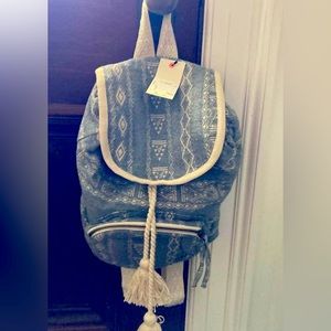 New Billabong Boho Cotton Cinch Bag Backpack Blue and White